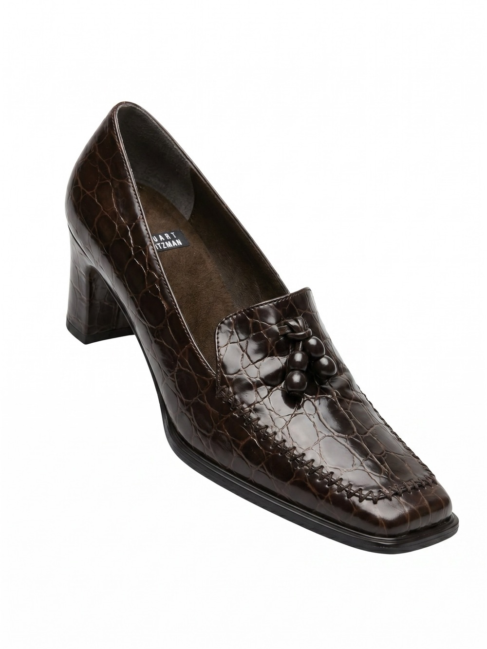 Stuart Weitzman Brown Croc Embossed Leather Tassel Loafer Pumps Shoes Size 7.5